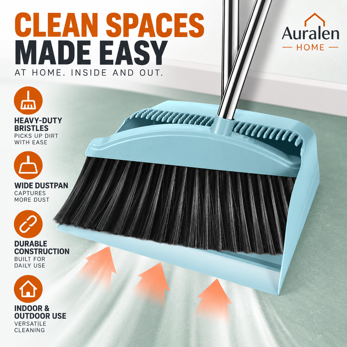Auralen Home — Long Handle Broom and Dustpan Set with Heavy-Duty Bristles for Indoor and Outdoor Cleaning