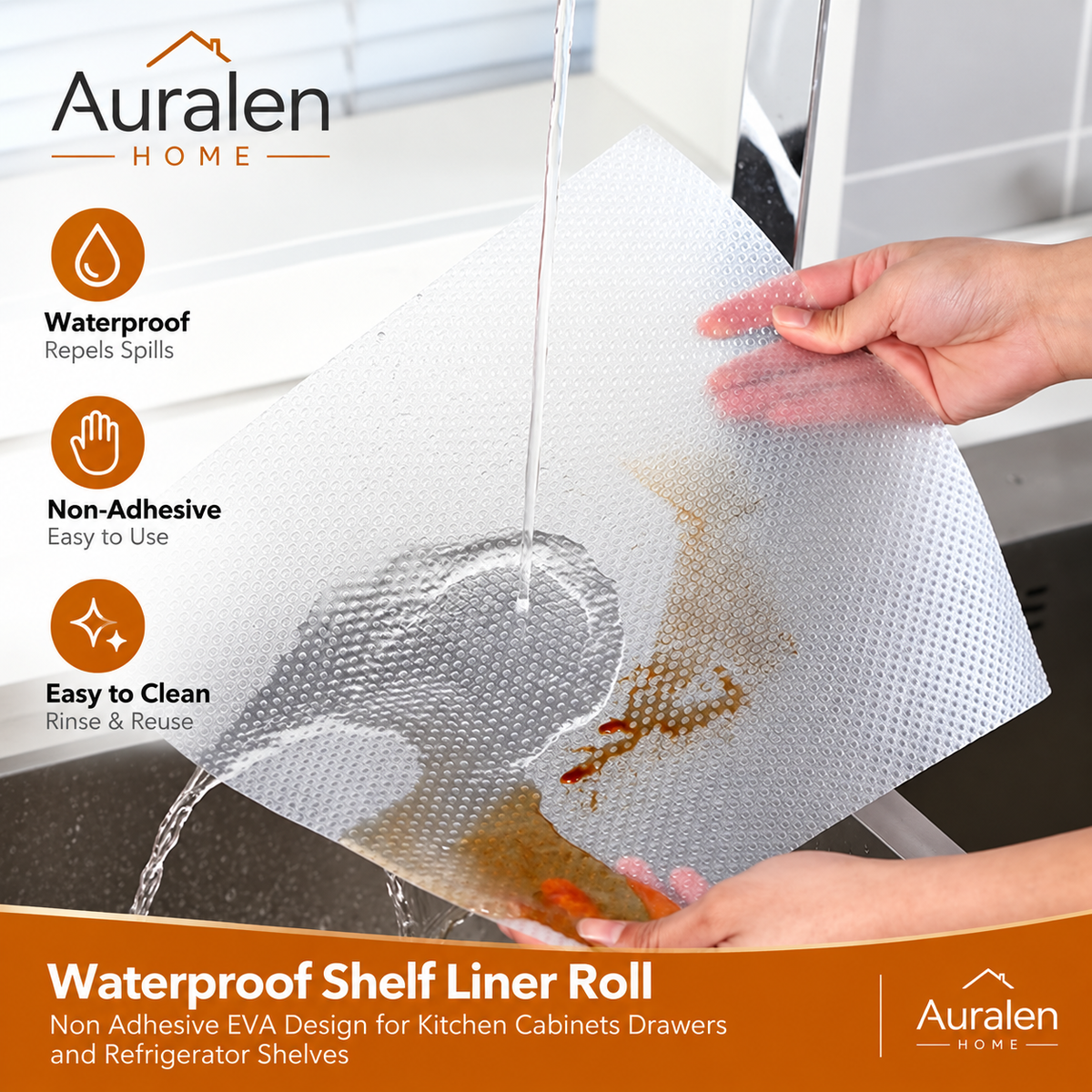 Auralen Home — Waterproof Shelf Liner Roll with Non Adhesive EVA Design for Kitchen Cabinets Drawers and Refrigerator Shelves
