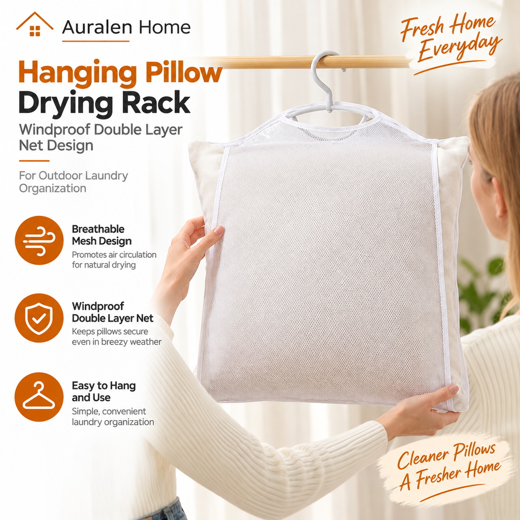 Auralen Home — Hanging Pillow Drying Rack with Windproof Double Layer Net Design for Outdoor Laundry Organization