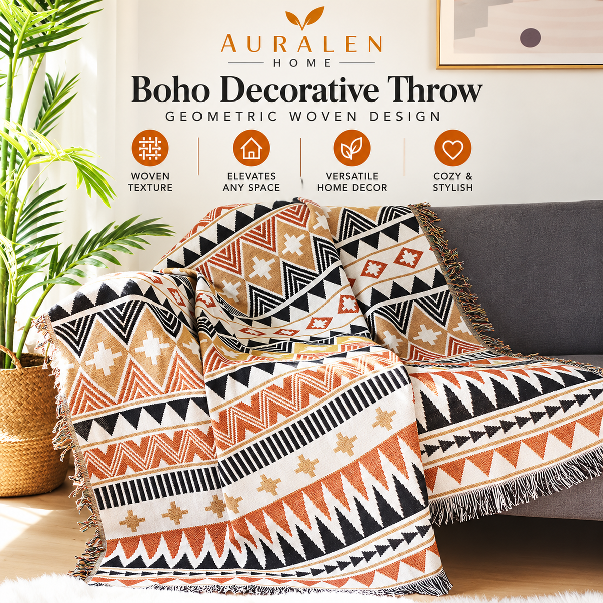 Auralen Home — Boho Decorative Throw with Geometric Woven Design for Sofa and Home Decor