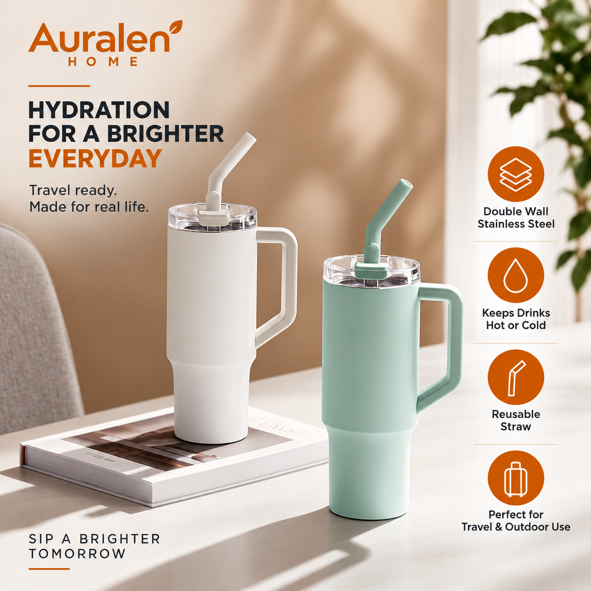 Auralen Home — 1000 ml Handle Straw Tumbler with Double Wall Stainless Steel Design for Travel Coffee Water and Outdoor Use