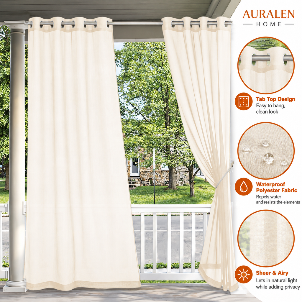 Auralen Home — Outdoor Sheer Curtain with Waterproof Polyester Fabric and Tab Top Design for Porches and Pergolas