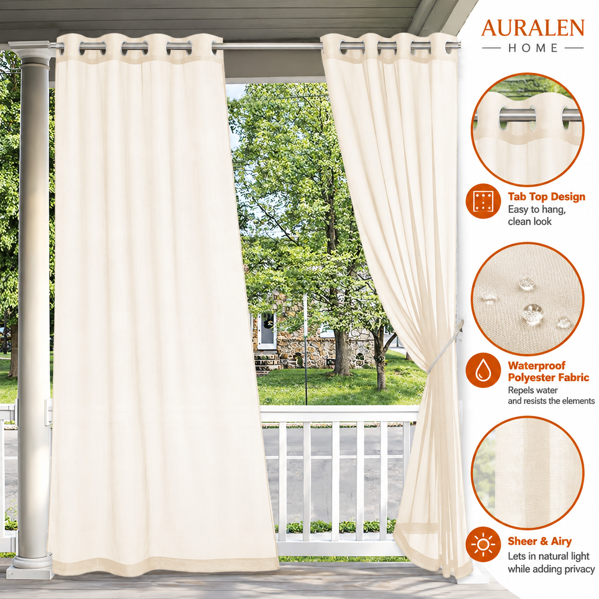 Auralen Home — Outdoor Sheer Curtain with Waterproof Polyester Fabric and Tab Top Design for Porches and Pergolas