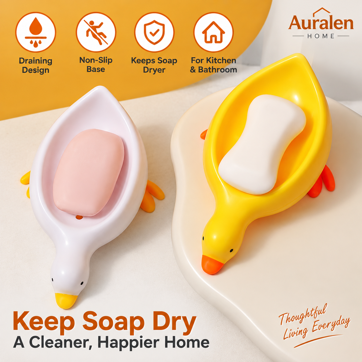 Auralen Home — White Duck-Shaped Draining Soap Holder Made of Plastic, Non-Slip Design for Kitchen and Bathroom Countertops