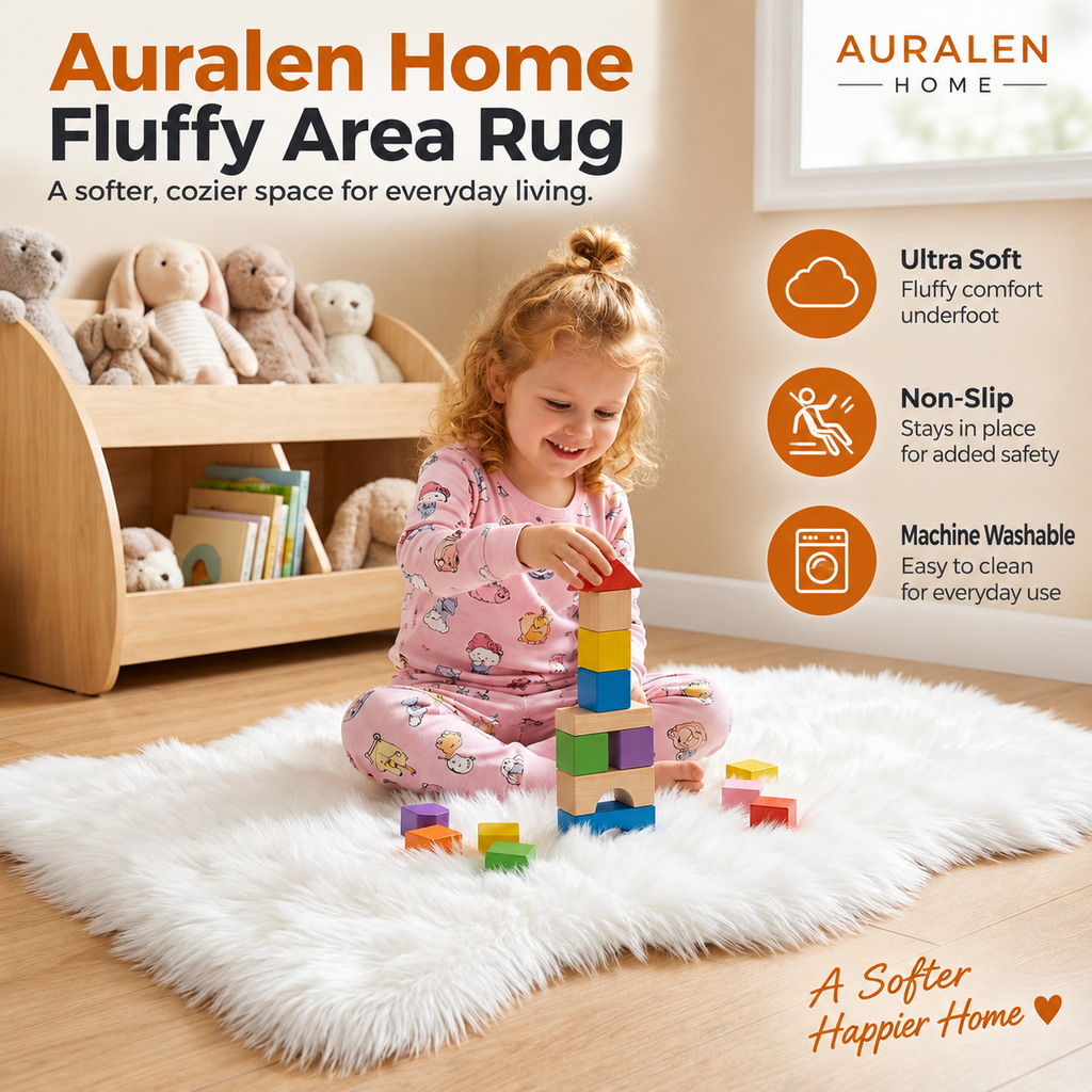 Auralen Home — Washable Fluffy Shaggy Long Hair Carpet, Non-Slip Soft Faux Fur Area Rug for Bedroom, Living Room, and Floor Protection