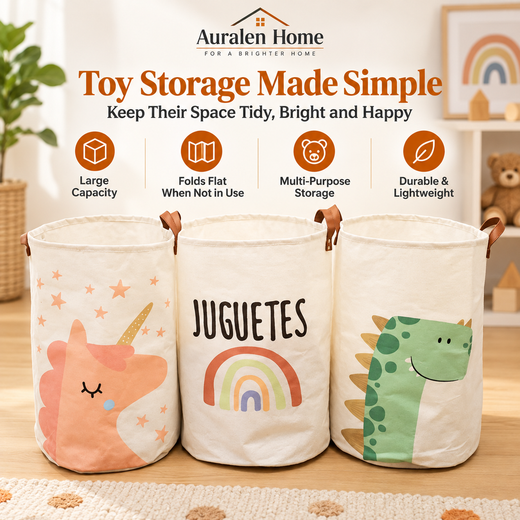 Auralen Home — Large Capacity Folding Baby Items Basket with Cartoon Print, Diaper Caddy, Toy Storage, and Laundry Organizer for Nursery or Kids’ Rooms