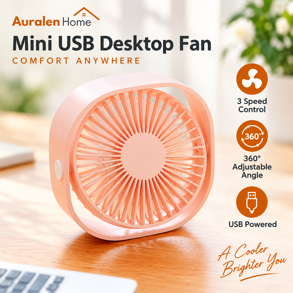 Auralen Home — Mini USB Desktop Fan with 3 Speed Control and 360° Adjustable Angle for Office, Home and Travel