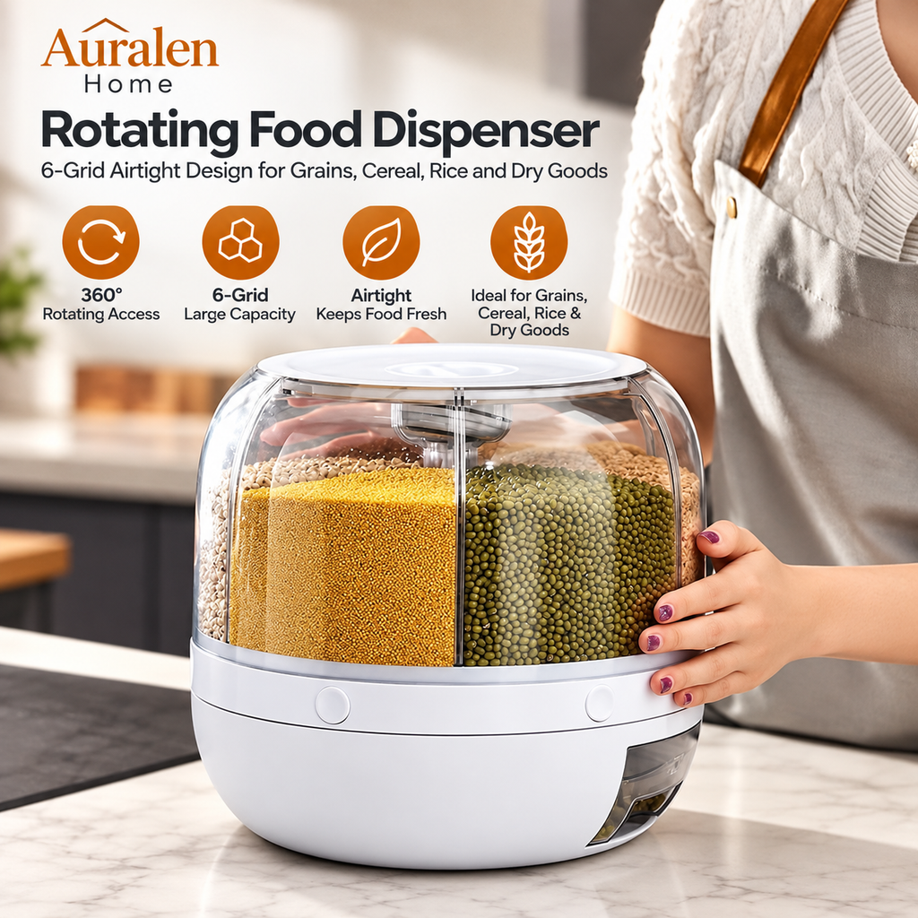 Auralen Home — Rotating Food Dispenser with 6-Grid Airtight Design for Grains Cereal Rice and Dry Goods