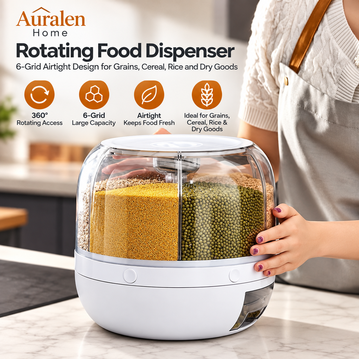 Auralen Home — Rotating Food Dispenser with 6-Grid Airtight Design for Grains Cereal Rice and Dry Goods