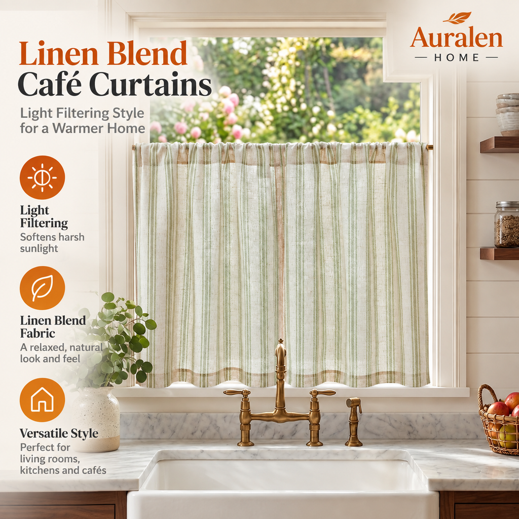 Auralen Home — Linen Blend Curtains with Light Filtering Fabric for Living Rooms, Kitchens, and Cafés