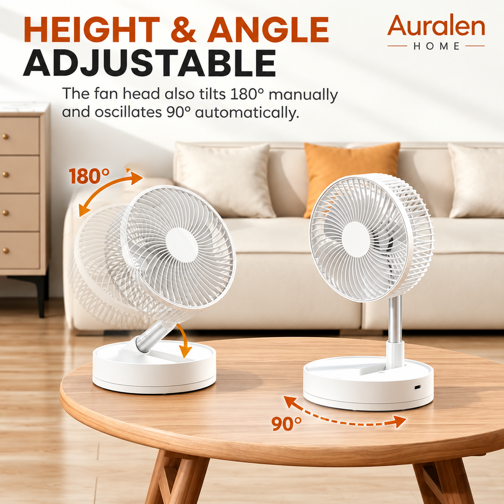 Auralen Home — Foldable Portable USB Fan with 4 Speed Settings, Rechargeable Battery and Adjustable Height for Indoor and Outdoor Use