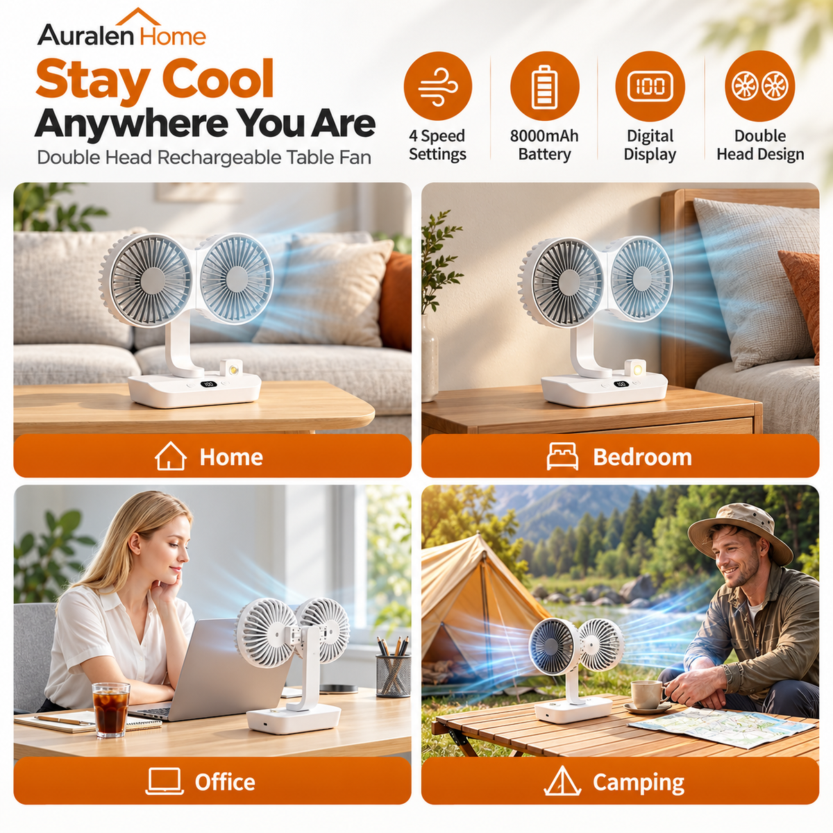 Auralen Home — Double Head Rechargeable Table Fan with 4 Speed Settings, 8000mAh Battery and Digital Display for Home and Office
