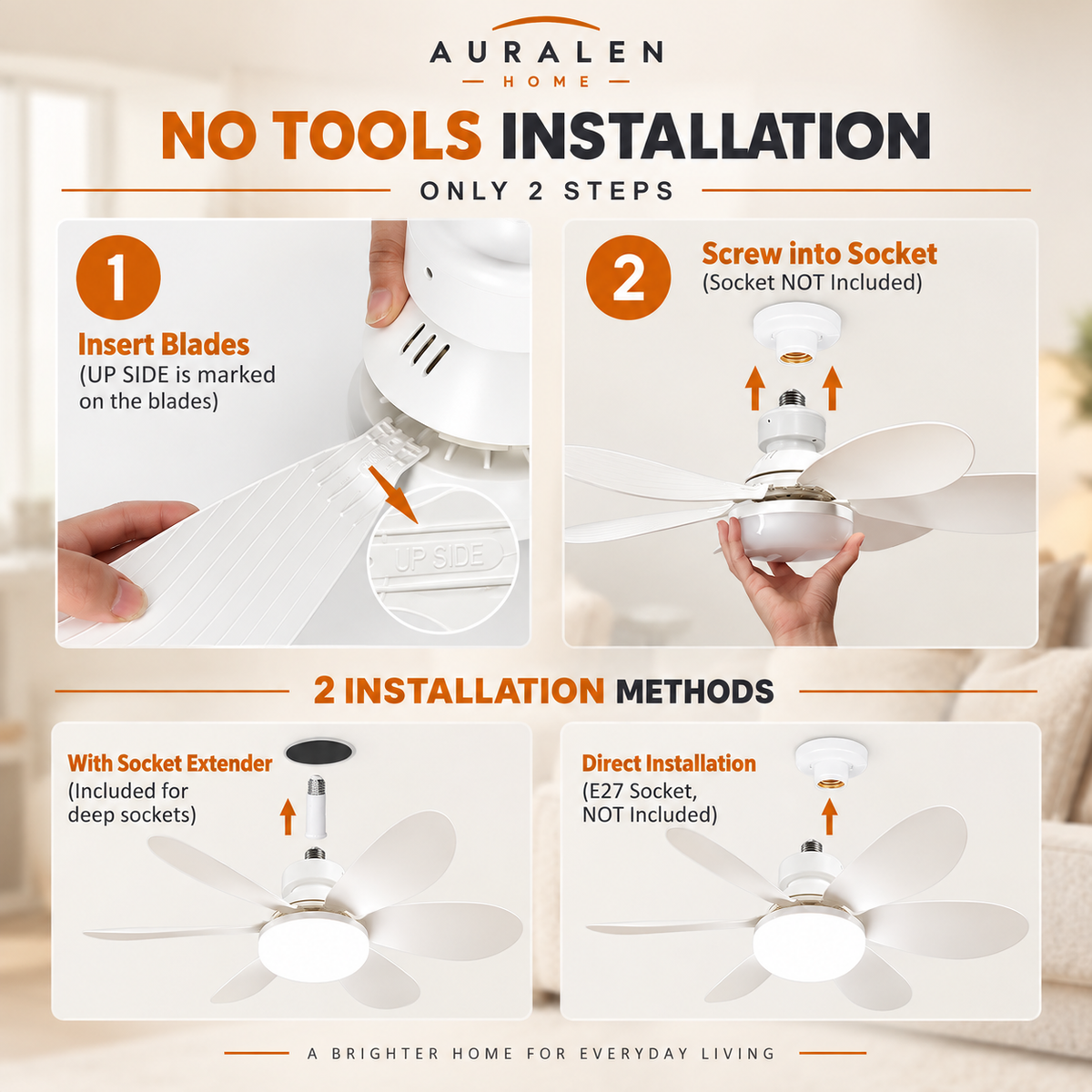 Auralen Home — LED Ceiling Fan Light with Remote Control, Dimmable Lighting and E27 Socket Design for Small Rooms
