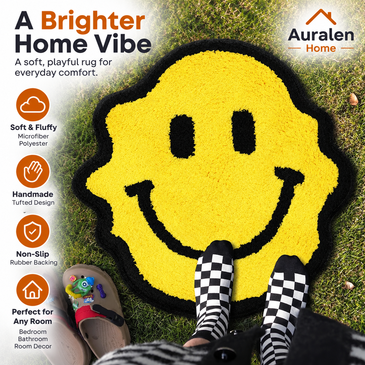 Auralen Home — Twisted Smiling Tufted Handmade Carpet Rug, Soft Fluffy Microfiber Polyester Floor Mat with Rubber Backing for Bedroom, Bathroom, and Room Decor