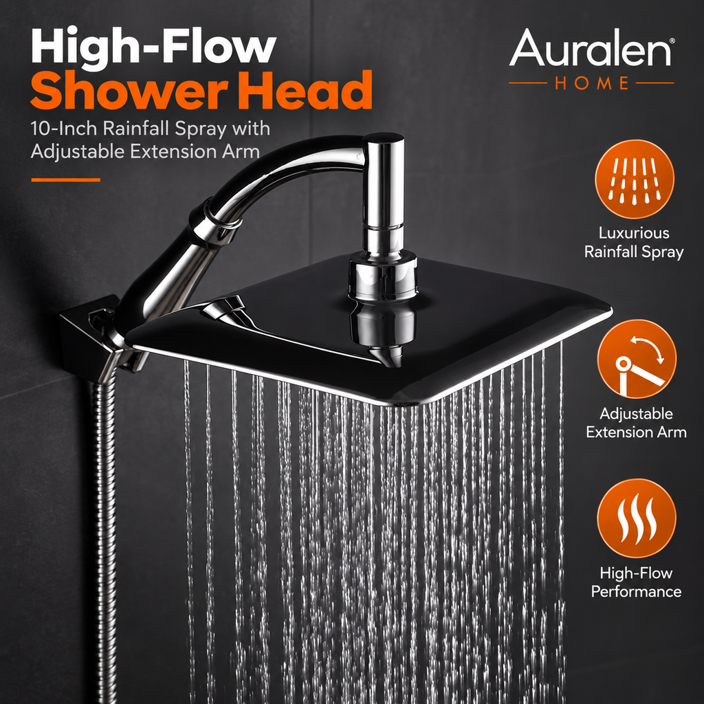 Auralen Home — High-Flow Shower Head with 10-Inch Rainfall Spray and Adjustable Extension Arm for Bathroom Replacement