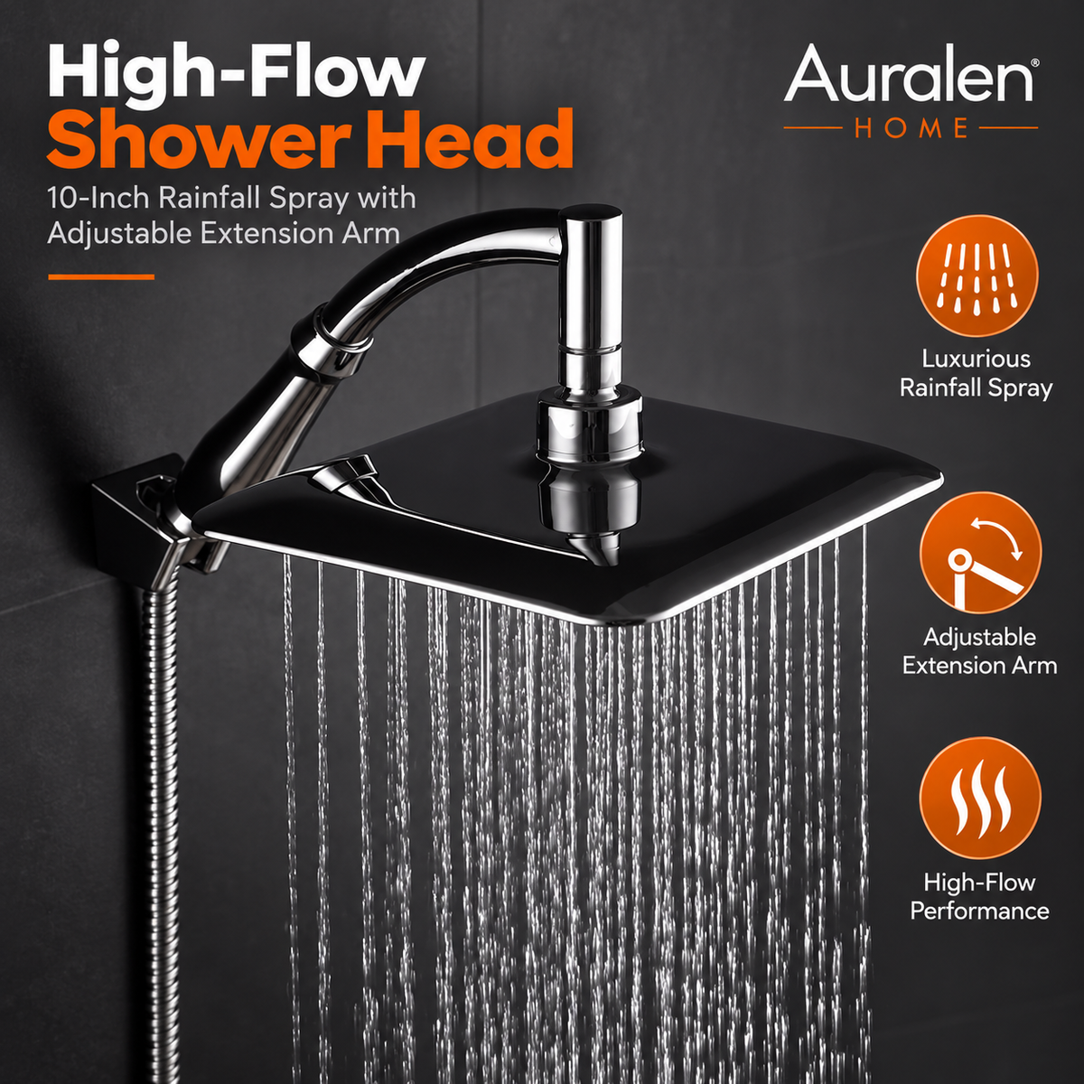 Auralen Home — High-Flow Shower Head with 10-Inch Rainfall Spray and Adjustable Extension Arm for Bathroom Replacement