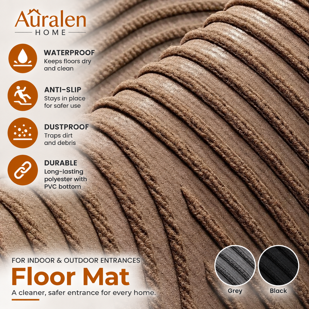 Auralen Home — Waterproof Anti-Slip Floor Mat for Indoor and Outdoor Entrances, Dustproof Polyester Carpet with Durable PVC Bottom, Available in Grey and Black