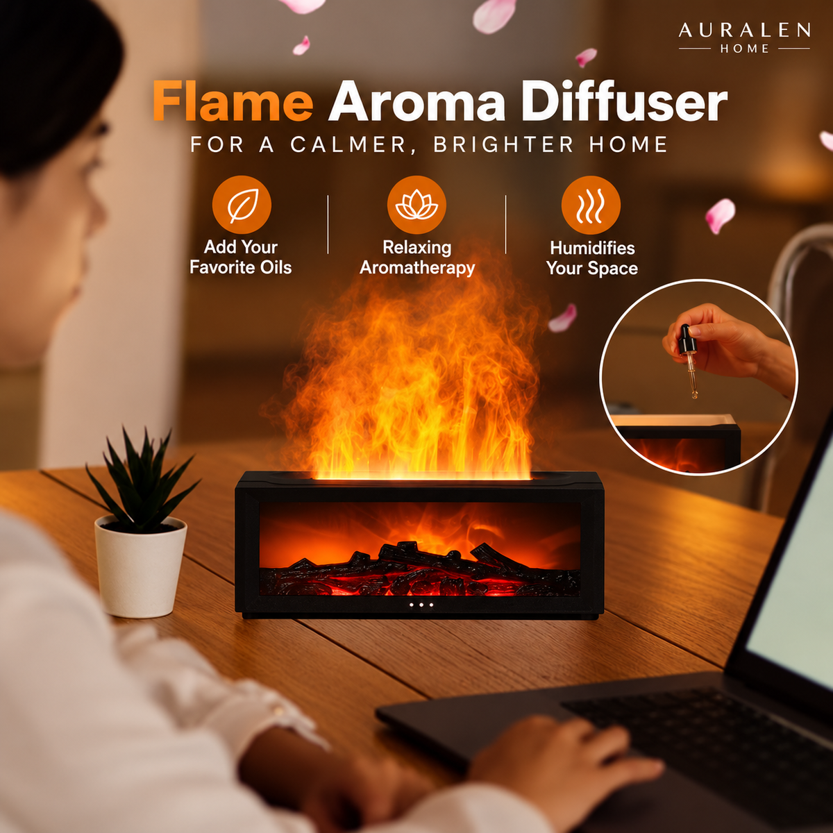 Auralen Home — Flame Aroma Diffuser with RGB Lighting and Remote Control for Home Aromatherapy and Humidifying