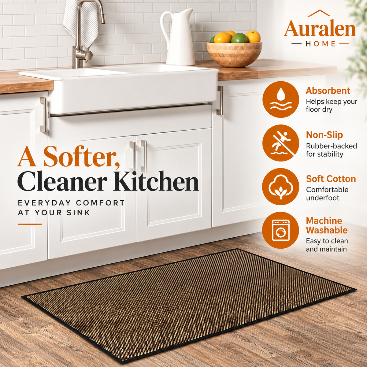 Auralen Home — Washable Non-Slip Rubber-Backed Kitchen Rug, Absorbent Floor Mat for Sink Area, Soft Cotton Runner for Indoor Kitchen Use