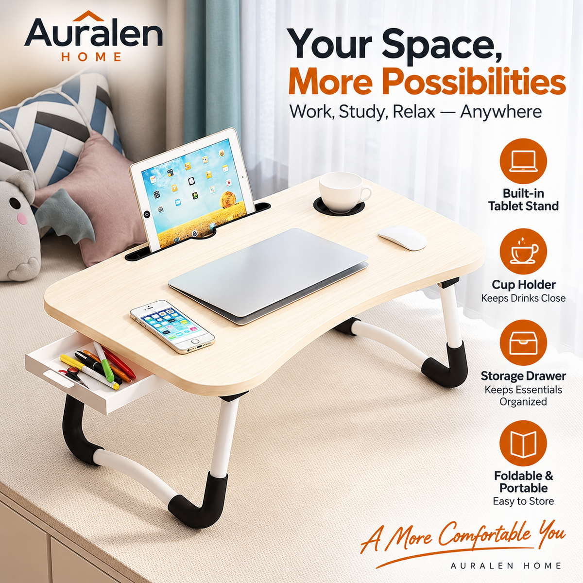 Auralen Home — Folding Mini Table with Cup Holder, Bed Tray, and Tablet Stand for Laptop Use, Study, or Bedside Activities