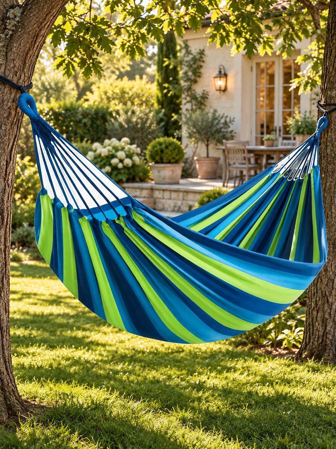 Striped Cotton Canvas Double Hammock with Carry Bag, Foldable Lounger for Garden, Patio and Camping