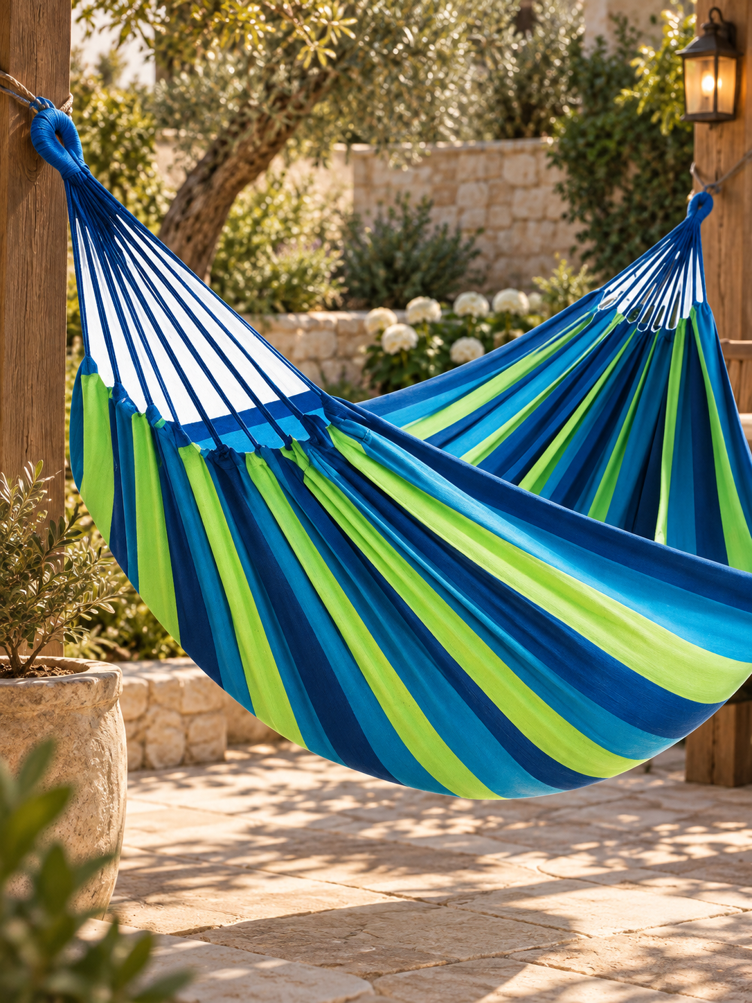 Striped Cotton Canvas Double Hammock with Carry Bag, Foldable Lounger for Garden, Patio and Camping