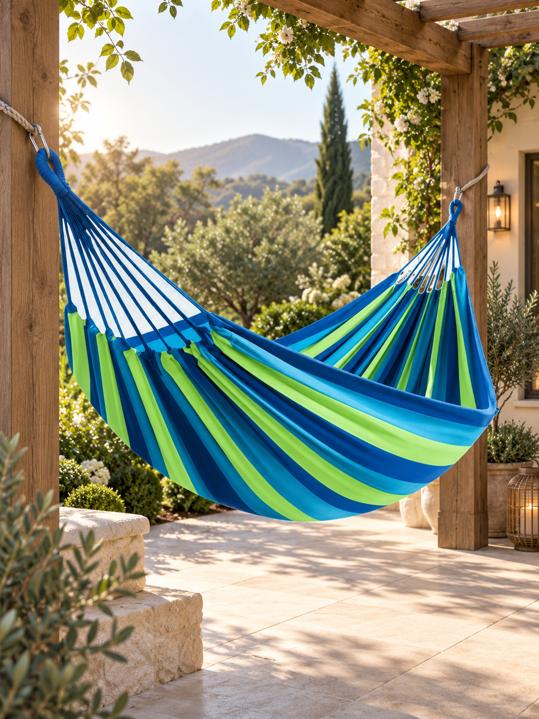 Striped Cotton Canvas Double Hammock with Carry Bag, Foldable Lounger for Garden, Patio and Camping