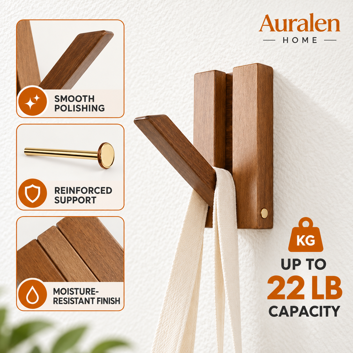Auralen Home Piano Key Wood Hooks — reinforced support