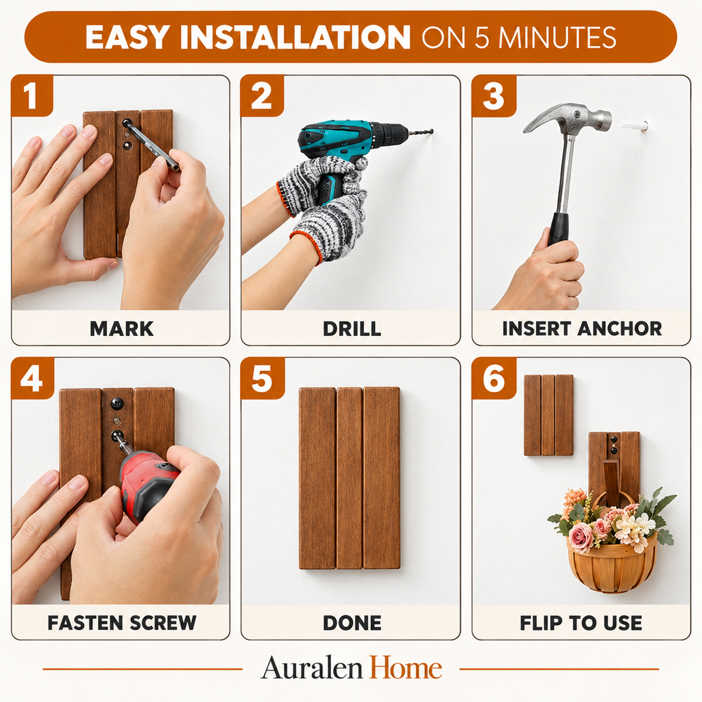 Auralen Home Piano Key Wood Hooks — installation steps
