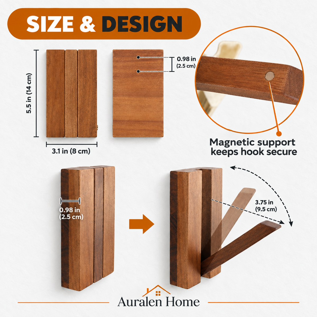 Auralen Home Piano Key Wood Hooks — size and design