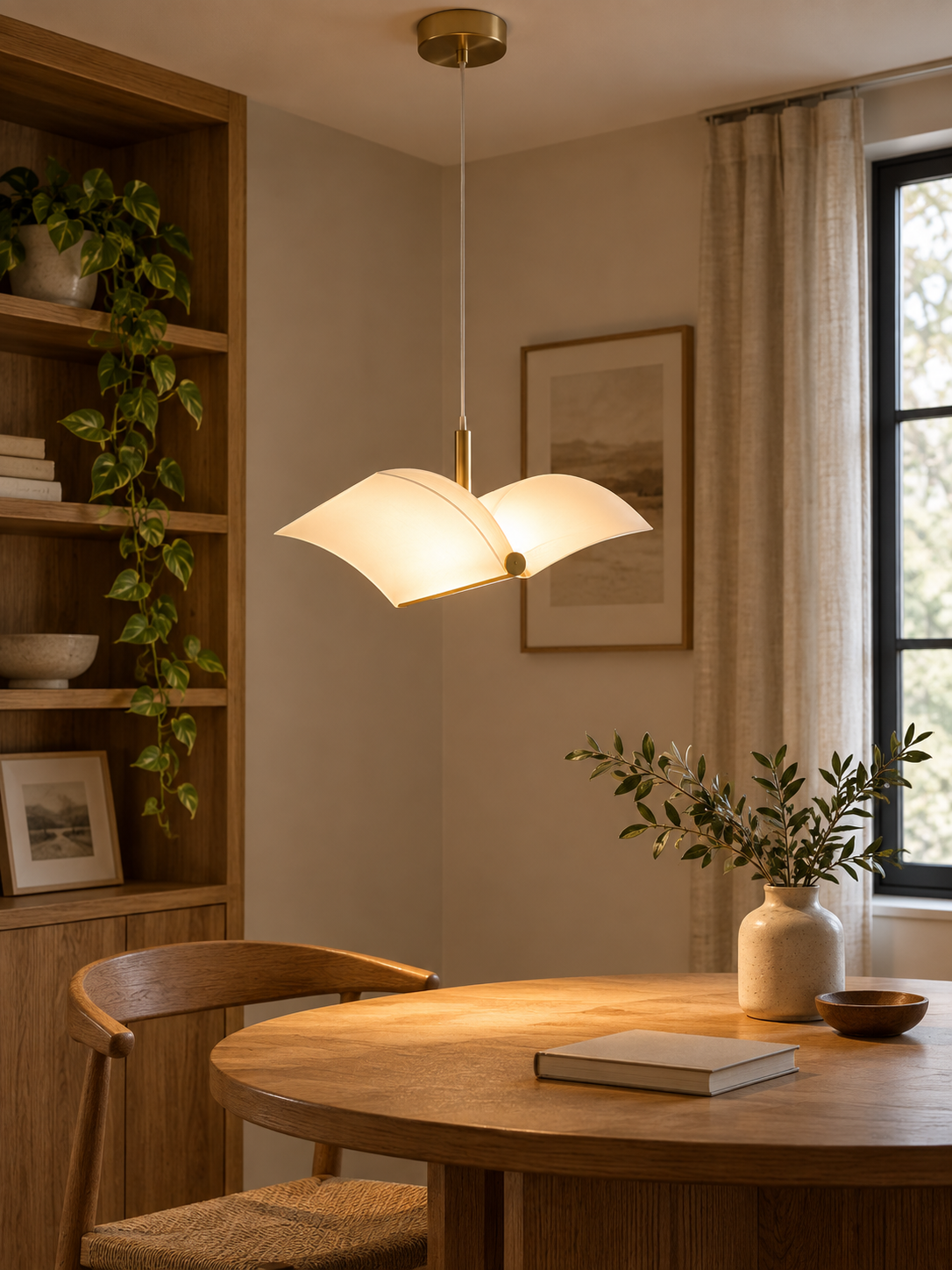 Flying book pendant lamp over a warm reading nook