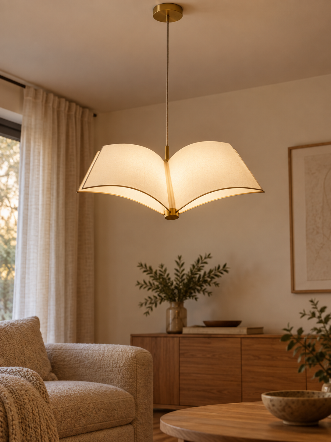 Close view of the open book pendant lamp with soft diffused light