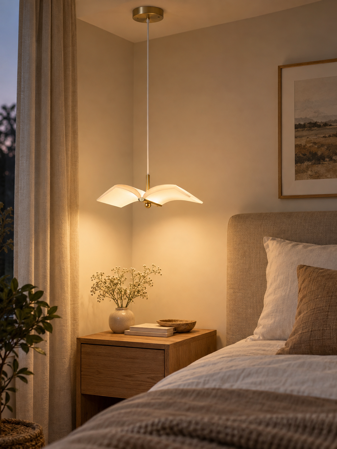 Flying book pendant lamp in a calm bedroom