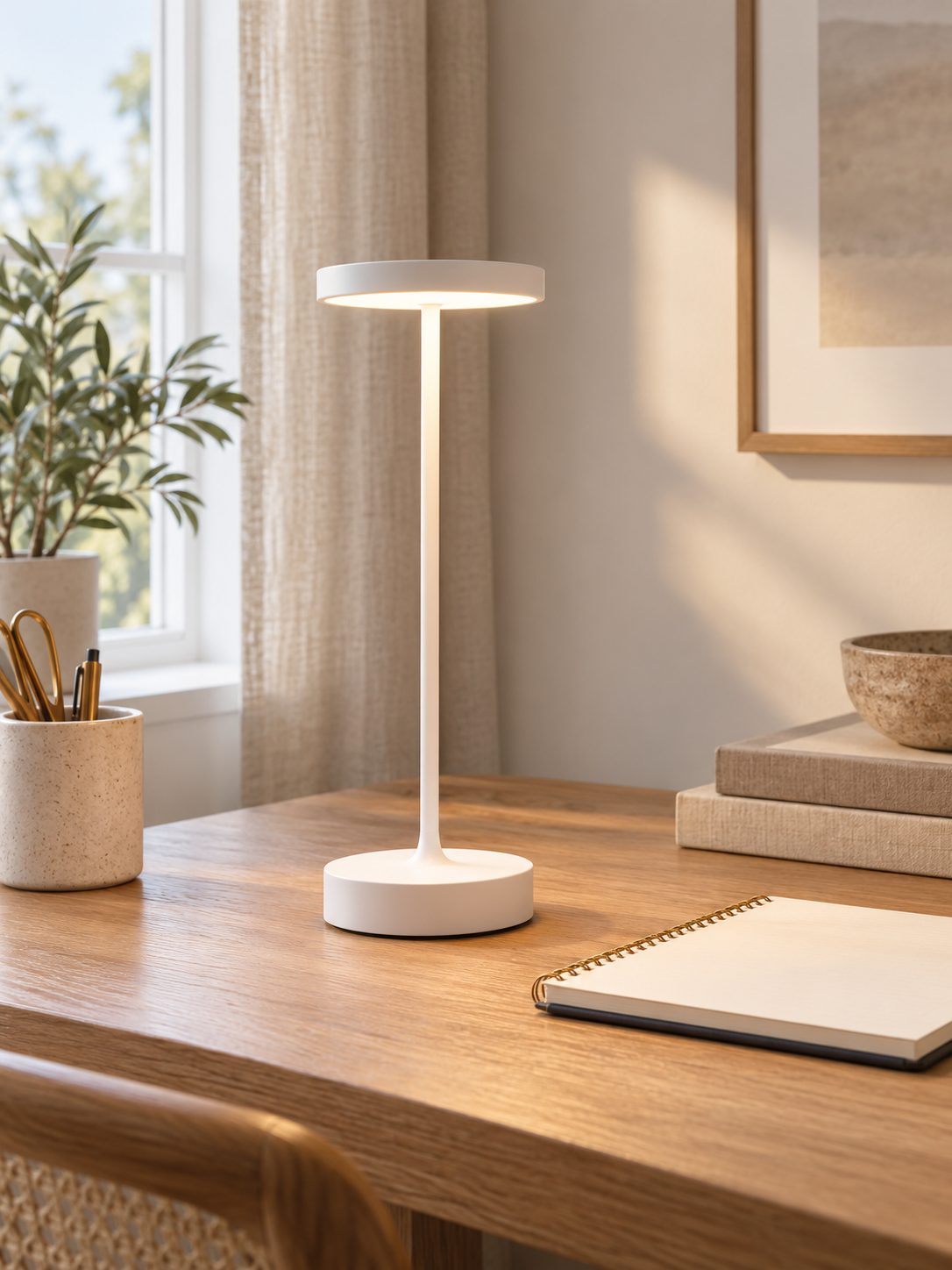 Glowora white rechargeable LED table lamp on a desk, view 1