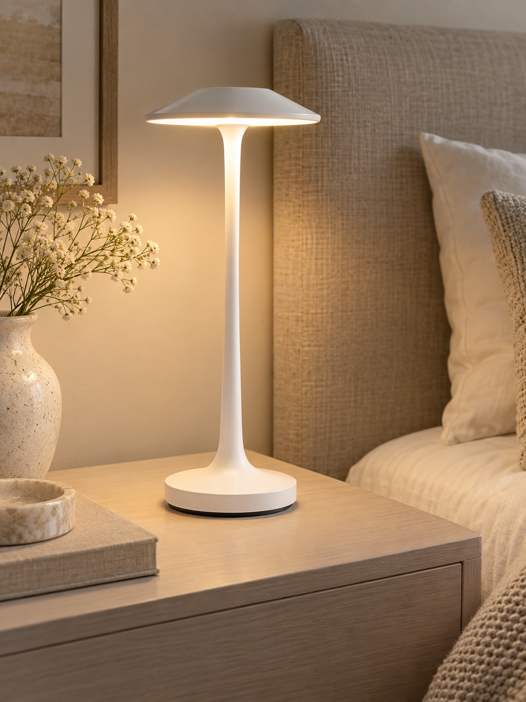 Glowora white rechargeable LED table lamp beside a bed, view 2