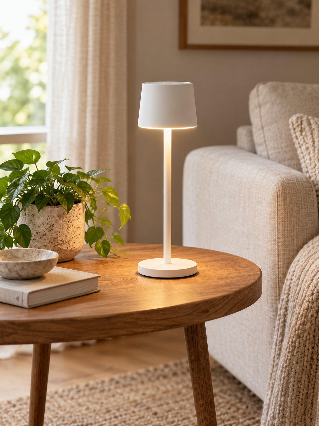 Glowora white rechargeable LED table lamp in a living room, view 3
