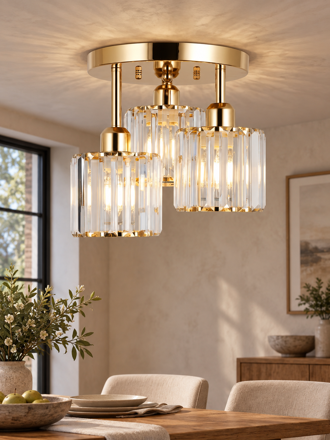 Gold three-shade crystal ceiling light in a warm dining nook.