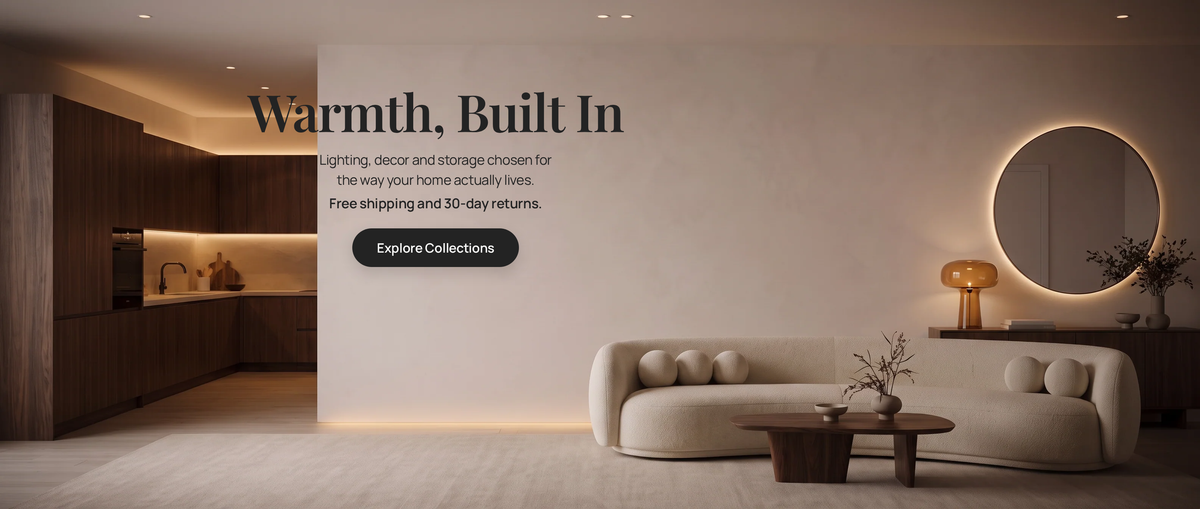 Warm modern living room with Auralen Home headline and collection call to action