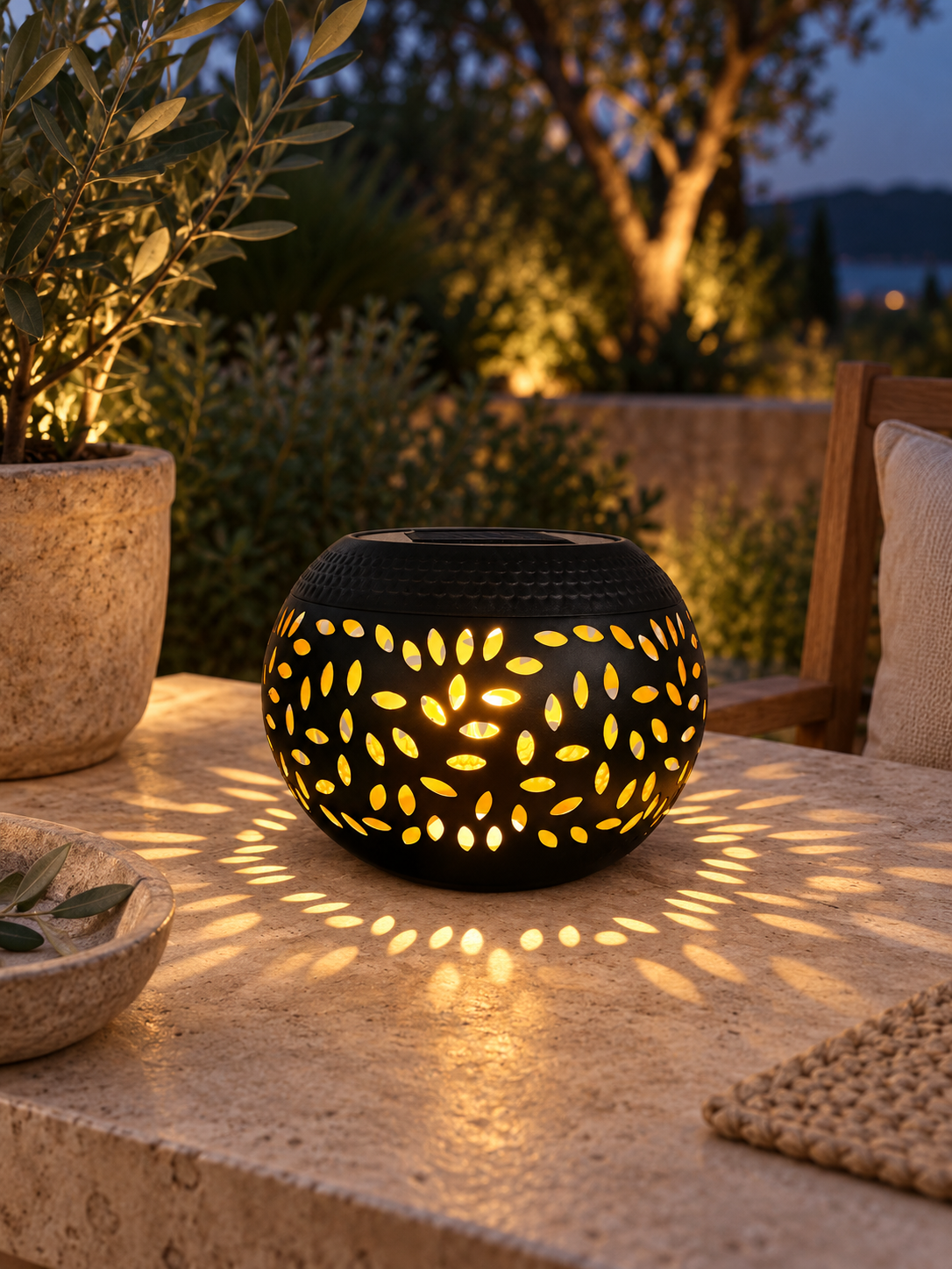 Lumopattern Solar Garden Light, Perforated Metal Sphere with Patterned Warm White Glow for Patio