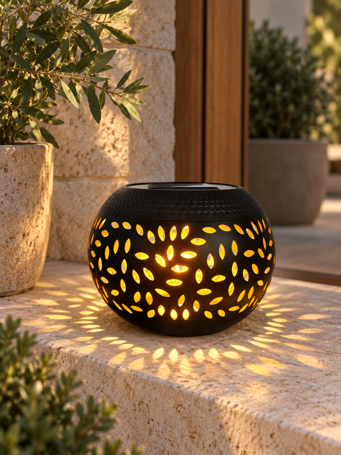 Lumopattern Solar Garden Light, Perforated Metal Sphere with Patterned Warm White Glow for Patio