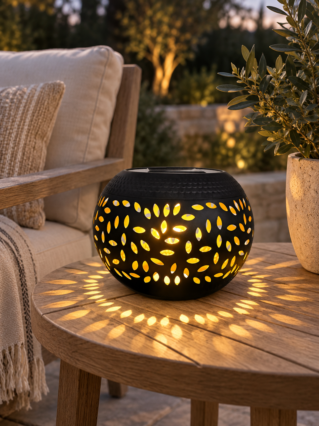 Lumopattern Solar Garden Light, Perforated Metal Sphere with Patterned Warm White Glow for Patio