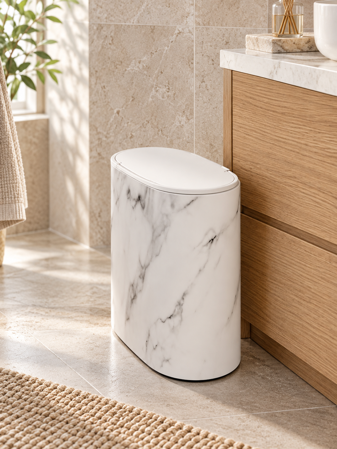 Elegant Marble-Patterned Trash Can — lifestyle photograph 1
