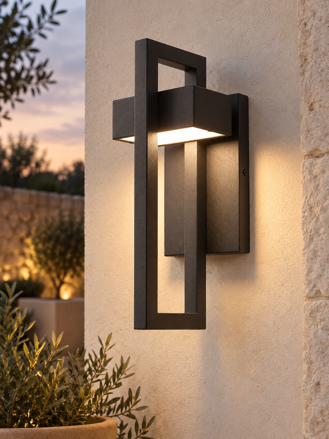Scandinavian aluminium wall light — open rectangular charcoal frame and downward LED, detail