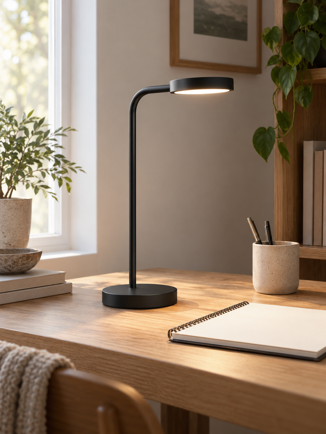 Nordic metal LED desk lamp on a warm wooden workspace