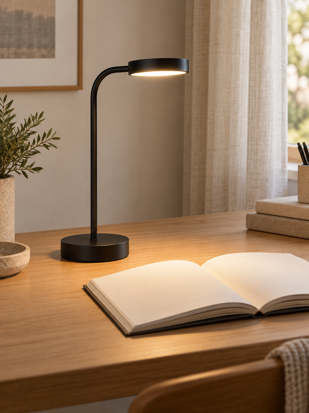 Close view of the Nordic metal LED desk lamp illuminating a reading desk