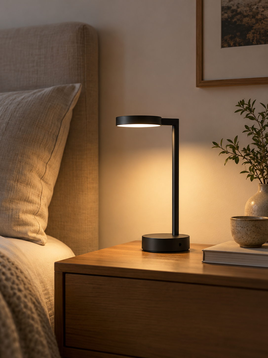 Nordic metal LED desk lamp on a bedside table