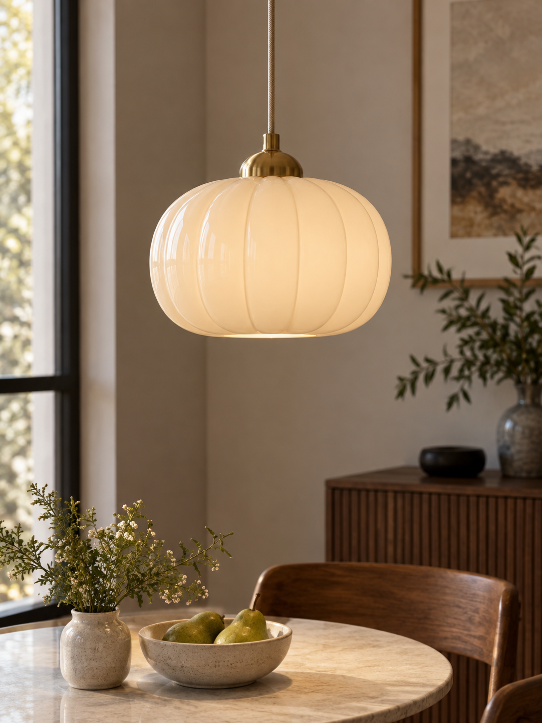 Nordic beige pumpkin pendant light close view, view 2