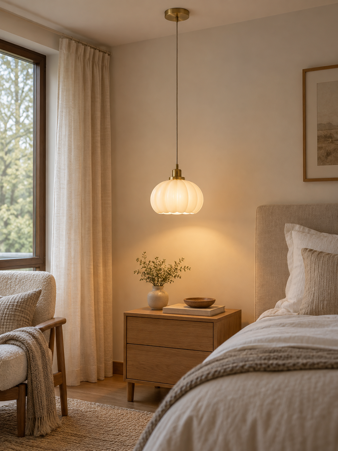 Nordic beige pumpkin pendant light beside a bed, view 3