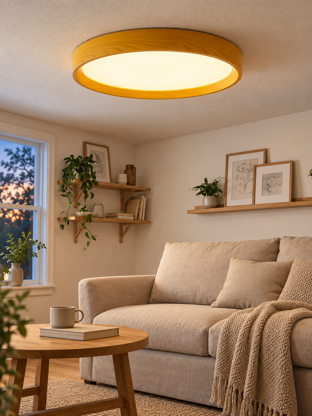 Nordic wooden-rim LED ceiling light installed in a warm living room.