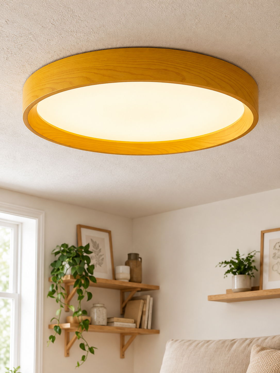 Nordic wooden-rim LED ceiling light installed in a warm interior detail view.
